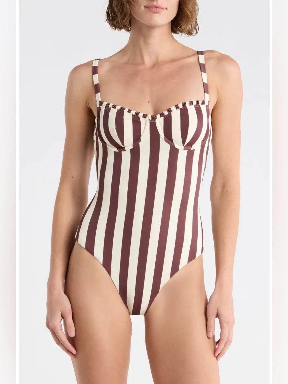 NWT Onia ‘Marilyn’ Brown and Ivory Striped Underwire Ruffled One Piece, Size L